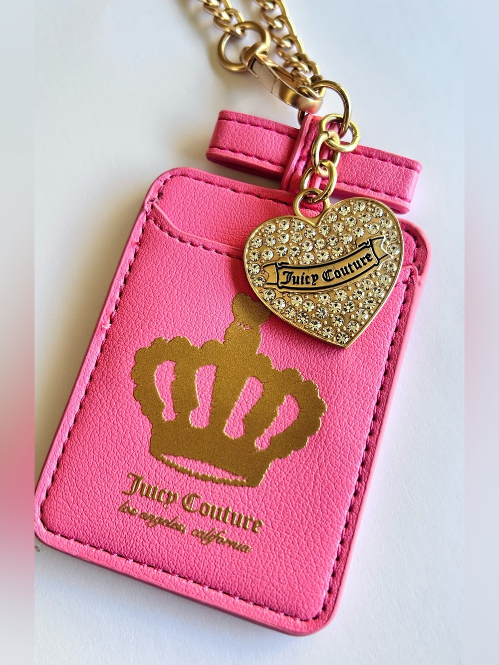Juicy Couture  Pink Card Holder Keychain Wallet Charm Gold Heart.